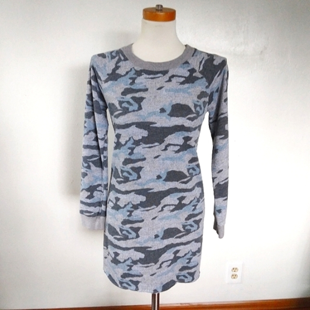 S) Monrow Camo Raw Hem Sweater Dress